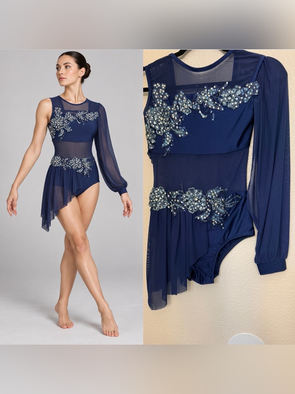 Glamour solo dance costume navy blue lace rhinestoned leotard lyrical dress SA
